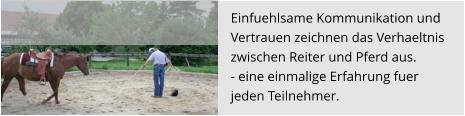 Einfuehlsame Kommunikation und  Vertrauen zeichnen das Verhaeltnis  zwischen Reiter und Pferd aus.  - eine einmalige Erfahrung fuer  jeden Teilnehmer.